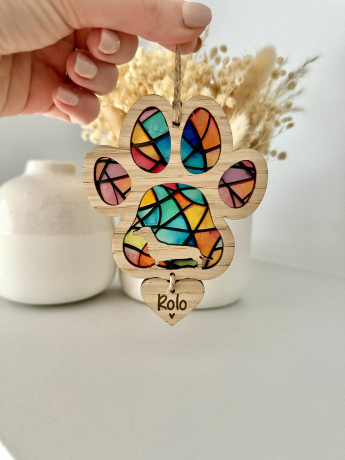 Stained Glass dog silhouette paw decoration