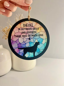 Glitter stained glass dog silhouette memorial