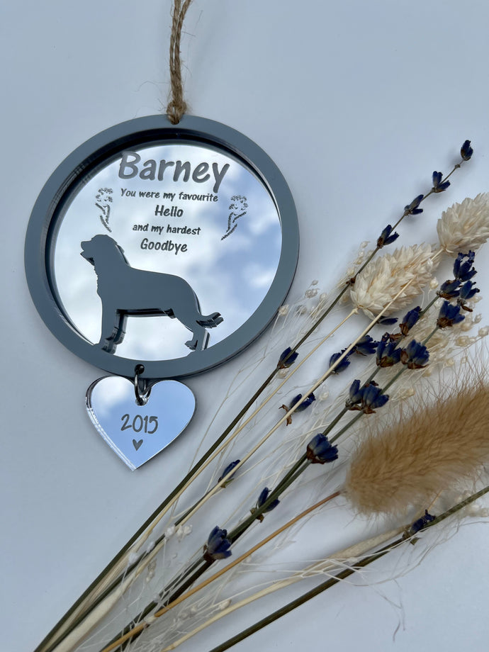 Grey dog memorial decoration